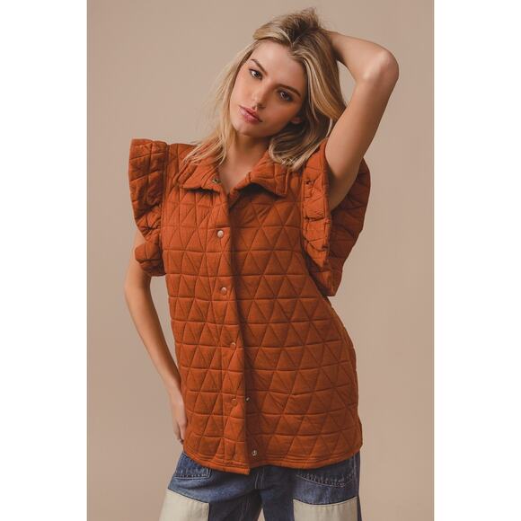 BiBi Diamond Print Ruffle Sleeves Pocket Oversized Quilted Vest Jacket | Rust - Picture 2 of 7